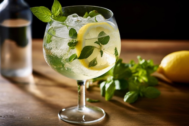 Basil and Lemon Spritz Een glas gin en limonade met een fles alcohol erachter