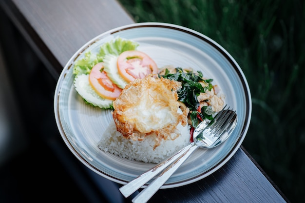 Basil chicken with fried egg and chilli with fish sauce