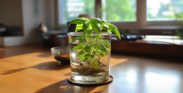 basil cuttings growing in water plant in a glass