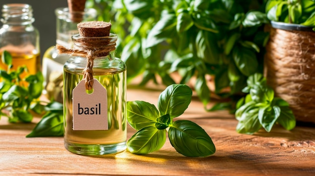 Basil essential oil in a bottle Selective focus