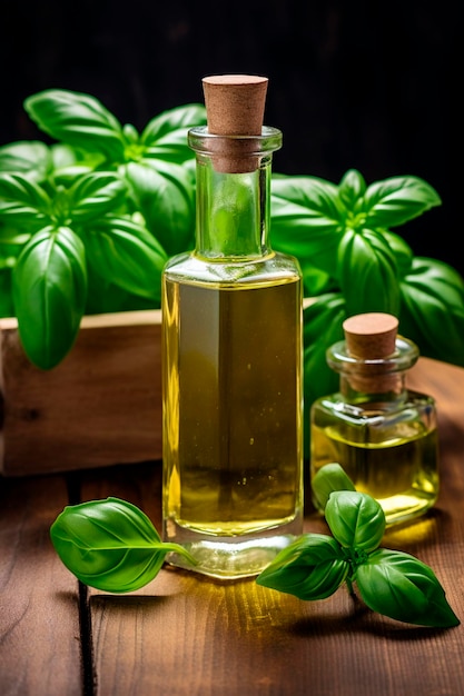 Basil essential oil on wooden background Generative AI Nature