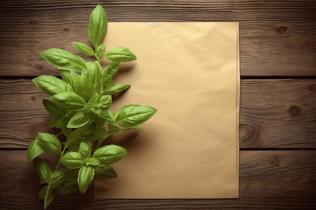 Basil leaves on a piece of paper on a wooden table