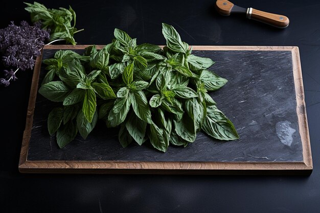 Photo basil leaves on a slate tile