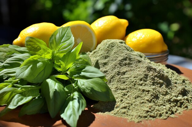 Photo basil leaves with a lemon and herb seasoning mix