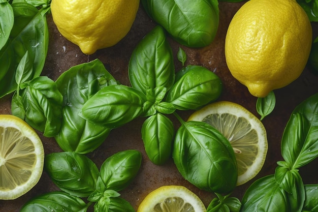 basil and lemons close up top view