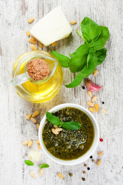 Basil pesto sauce and fresh ingredients