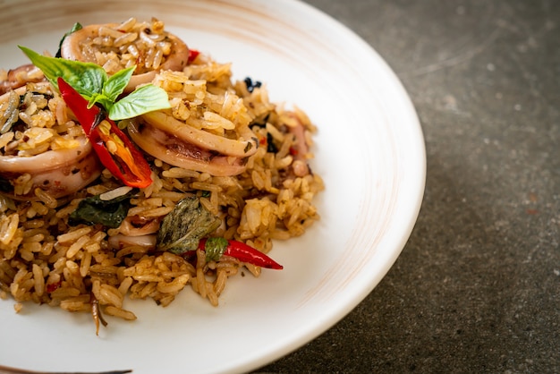 Basil and Spicy Herb Fried Rice with Squid or Octopus