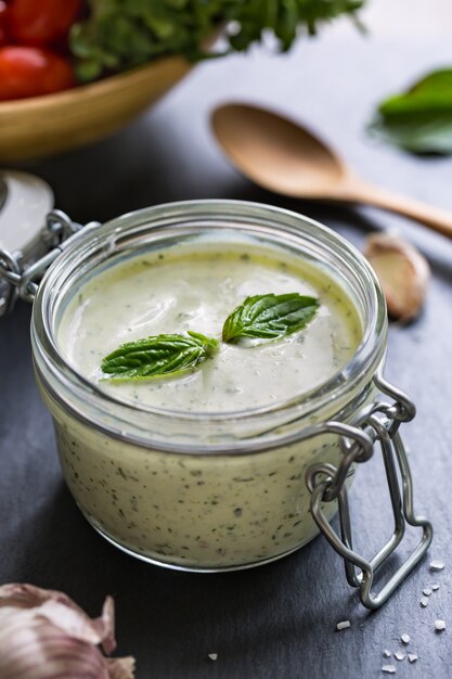 Basil yogurt dressing by fresh ingredients