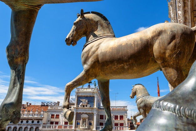 Basilica di San Marco St Mark detail ancient bronze horses Venice Italy This old sculpture is monument of Roman Byzantine culture