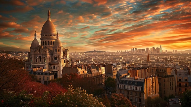 The Basilica of the Sacred Heart of Paris or SacreCoeur Basilica at the summit of butte France