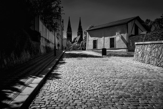 Basilica of Saint Peter and Paul on Vysehrad Black silhouette of two towers Prague Czech Republic