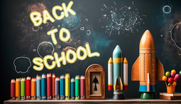 Basisschool klaslokaal met kleurpotloden speelgoed raketten en kindertekeningen op het bord Terug naar school Generatieve ai