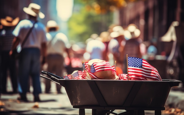 Foto un cesto di bandiere americane con una bandiera e persone sullo sfondo.