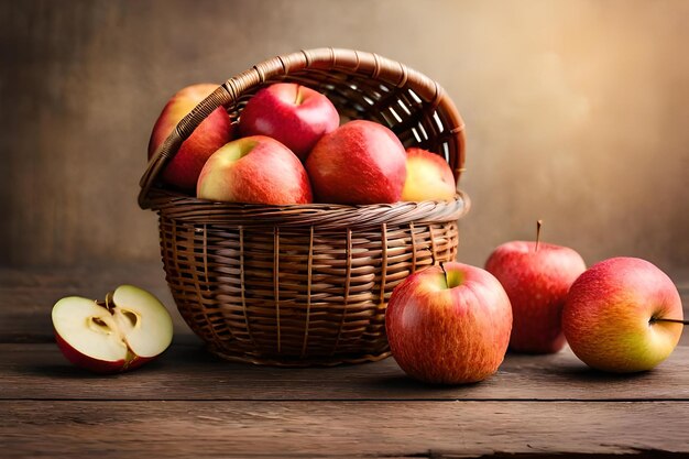 A basket of apples and an apple on a table.