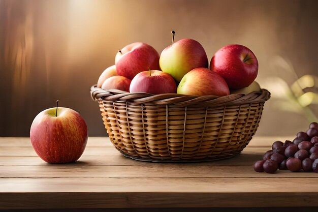 リンゴの入ったバスケットとテーブルの上のリンゴのバスケット。