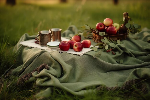 A basket of apples on a blanket with a green cloth on it