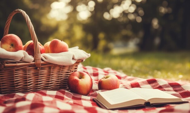 A basket of apples and a book on a picnic blanket