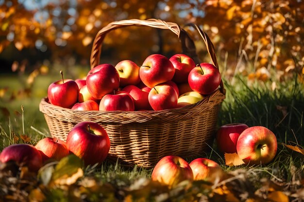 A basket of apples in the grass with autumn leaves in the background