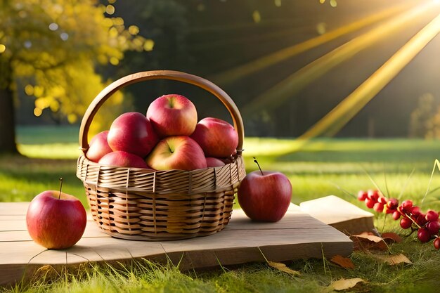 Basket of apples on the grass with sun rays in the background