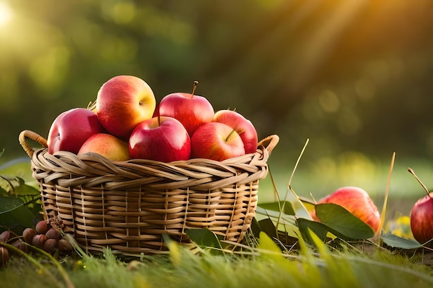 Basket of apples in the grass with sun rays behind them.
