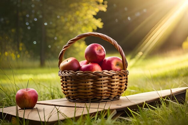 A basket of apples in the grass with the sun behind them.