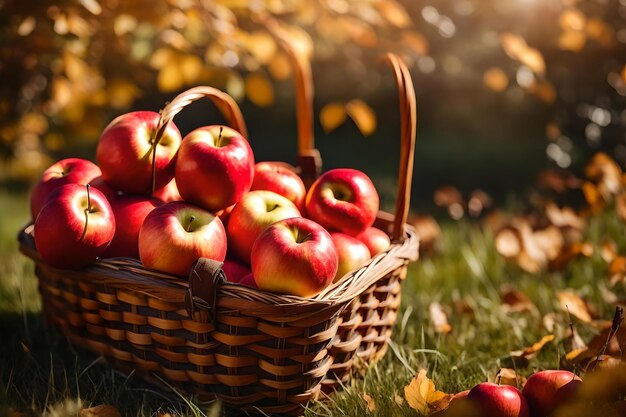 A basket of apples in the grass with the sun behind them