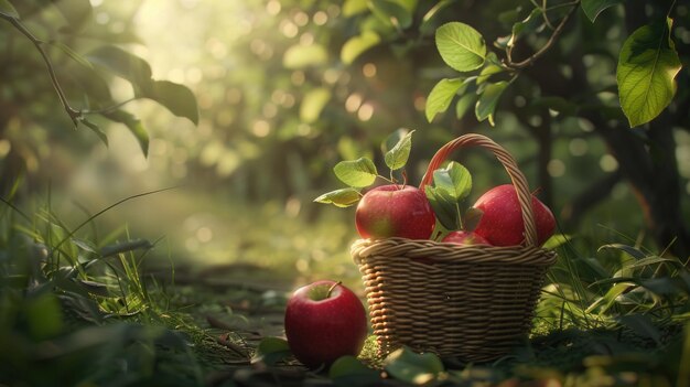 Photo a basket of apples is sitting on the ground in a lush green field