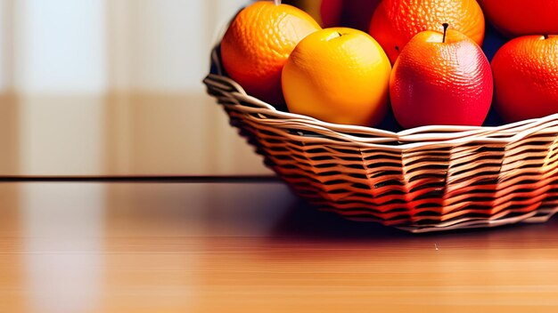 A basket of apples and oranges on a table