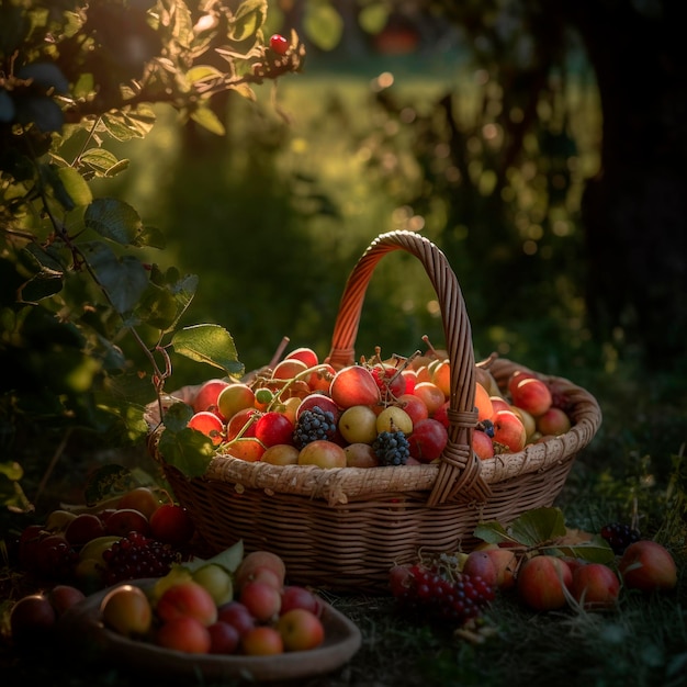 Корзина с яблоками и другими фруктами, освещенная солнцем.