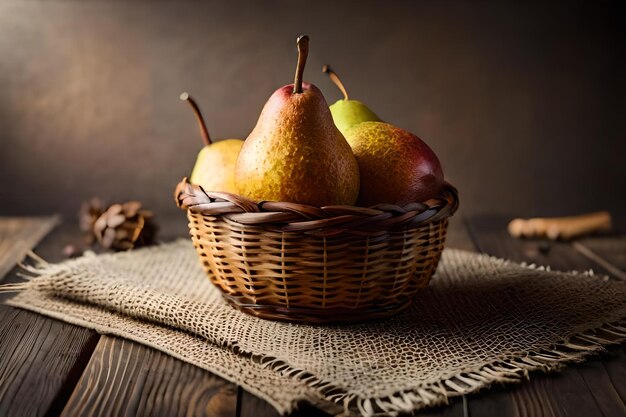 A basket of apples and pears on a table