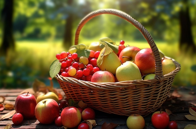 A basket of apples and red berries with a green leaf on the right side.