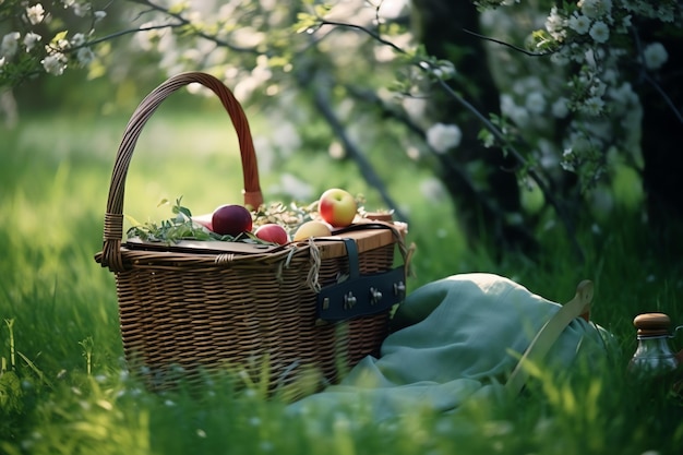 A basket of apples sits in the grass