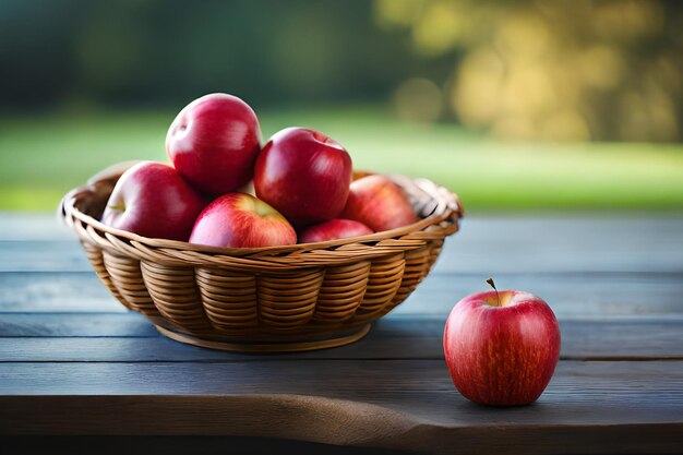 A basket of apples sits next to a small red apple.