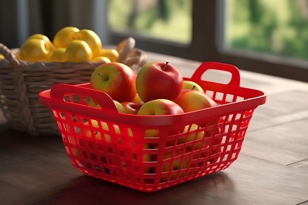 A basket of apples sits on a table next to a basket of oranges.