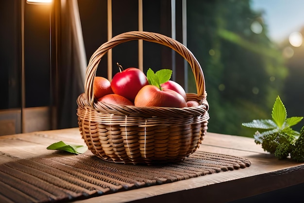 A basket of apples sits on a table with a green leaf on the table.