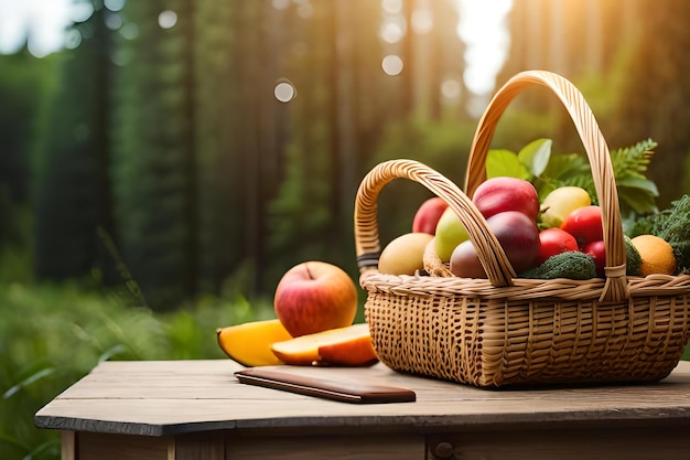 A basket of apples and a slice of apple on a table