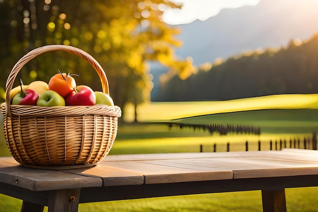 A basket of apples on a table in front of a field