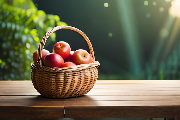 Корзина яблок на столе в саду