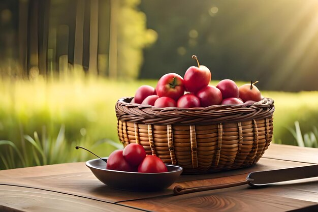 Basket of apples on a table with a bowl of apples