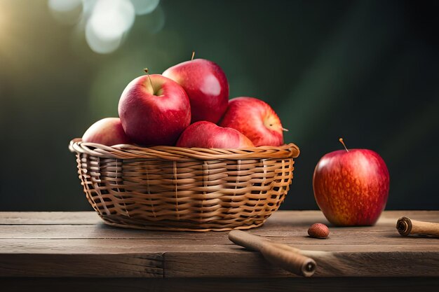 A basket of apples on a table with a dark background