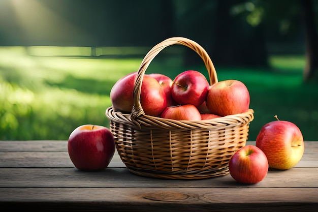 Basket of apples on a table with a green background