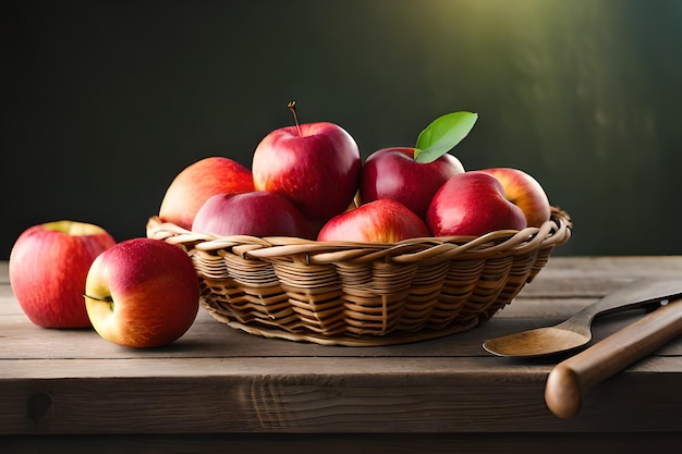 A basket of apples on a table with a knife and a spoon.