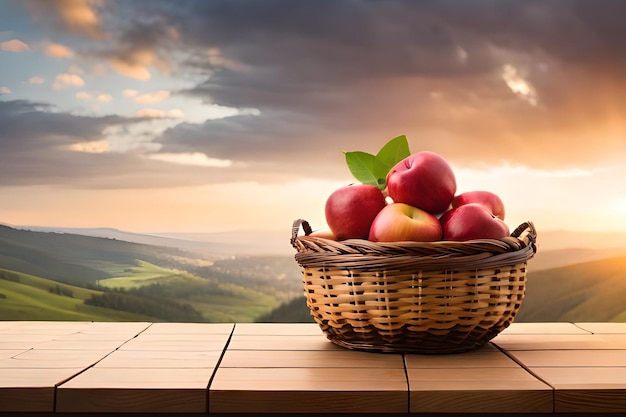 Basket of apples on a table with a mountain in the background