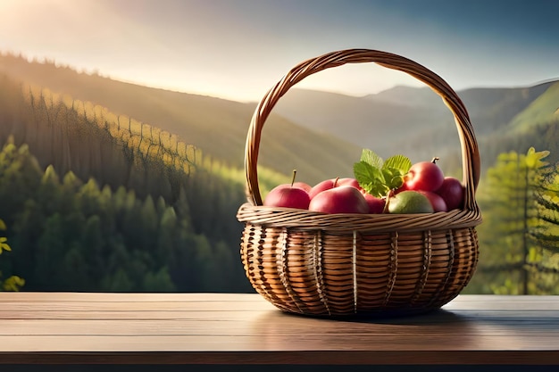 Basket of apples on a table with a mountain in the background