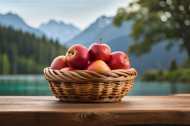 a basket of apples on a table with a mountain in the background.