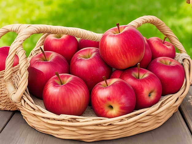 A basket of apples on a table with a natural green background