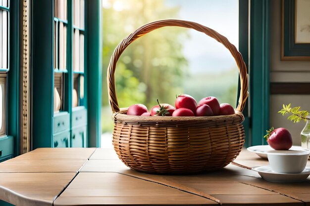 A basket of apples on a table with a plate of food on it