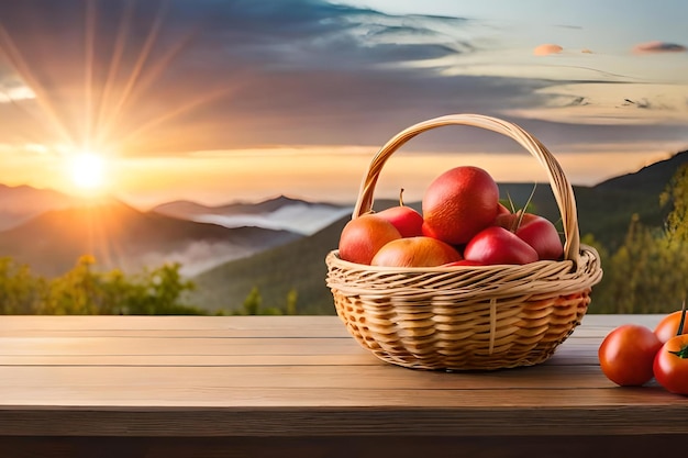 Basket of apples on a table with the sun behind it