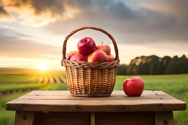 Basket of apples on a table with a sunset in the background