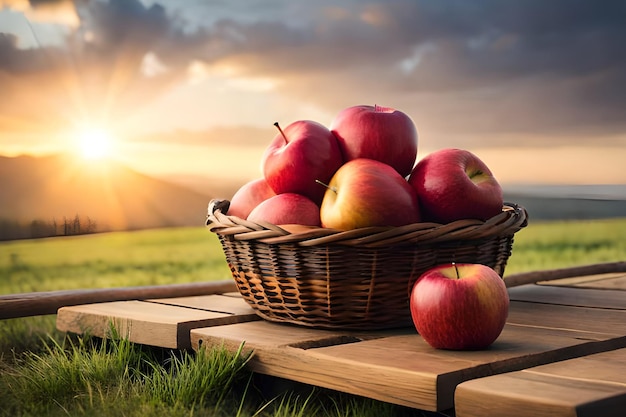 Basket of apples on a table with a sunset in the background
